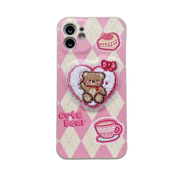 Korean Cute Cartoon Embroidery Bear Flower Phone Case For iPhone 13 12 11 Pro XS Max X XR 7 8 Plus Tulip Soft Silicon Back Cover