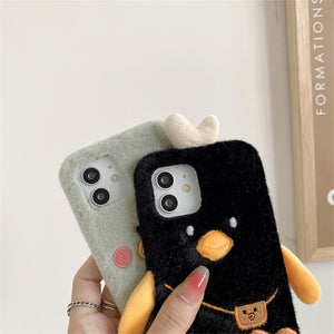 Korean Cute Cartoon Plush Duck Phone Case For iPhone 11 12 13 Pro XS Max Mini X XR 7 8 Plus SE Winter Soft Shockproof Back Cover