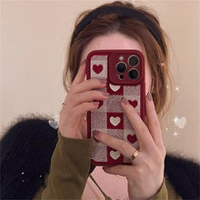Load image into Gallery viewer, Korea Cute Love Heart Lattice Embroidery Phone Case For iPhone 13 12 11 Pro XS Max X XR 7 8Plus Plush Protective Soft Back Cover