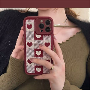 Korea Cute Love Heart Lattice Embroidery Phone Case For iPhone 13 12 11 Pro XS Max X XR 7 8Plus Plush Protective Soft Back Cover