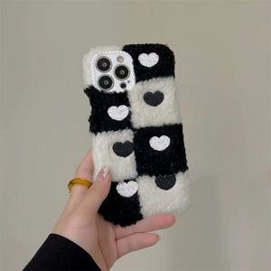 Korean Cute Fuzzy Plush Lattice Flower Phone Case For iPhone 13 12 11 Pro XS Max X XR 7 8 Plus Winter Soft Shockproof Back Cover