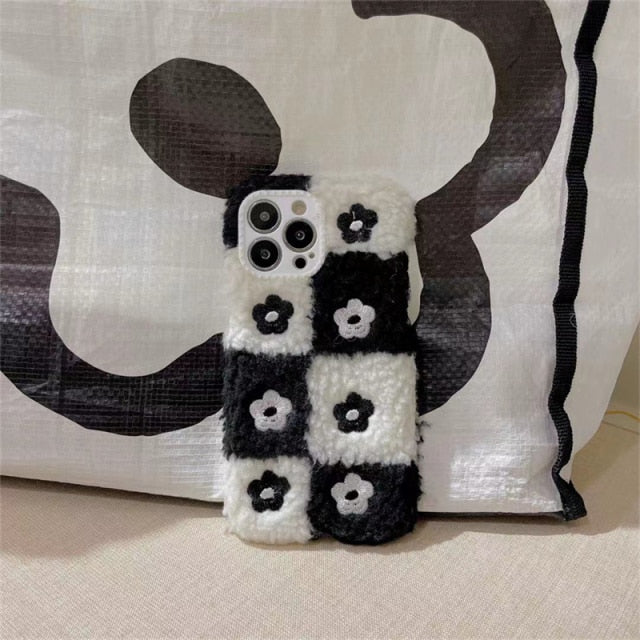 Korean Cute Fuzzy Plush Lattice Flower Phone Case For iPhone 13 12 11 Pro XS Max X XR 7 8 Plus Winter Soft Shockproof Back Cover