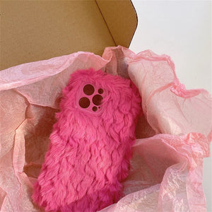 INS Korean Cute Fuzzy Plush Pink Girls Phone Case For iPhone 13 12 11 Pro XS Max X XR 7 8 Plus Winter Soft Shockproof Back Cover
