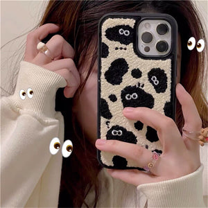 Korea Cute Cartoon Fuzzy Plush Black Briquettes Phone Case For iPhone 13 12 11 Pro XS Max X XR Winter Soft Shockproof Back Cover