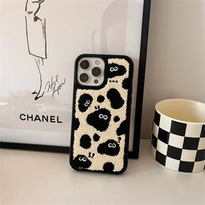 Korea Cute Cartoon Fuzzy Plush Black Briquettes Phone Case For iPhone 13 12 11 Pro XS Max X XR Winter Soft Shockproof Back Cover