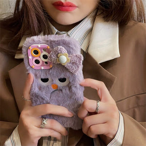 Korean Cute Cartoon Plush Monster Bow Phone Case For iPhone 13 12 11 Pro XS Max X XR 7 8 Plus Winter Soft Shockproof Back Cover