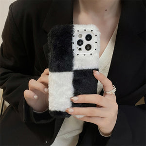 Korean Cute Fuzzy Plush Cartoon Lattice Phone Case For iPhone 11 12 13 Pro XS Max X XR Winter Kawaii Soft Shockproof Back Cover