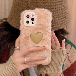 Korean Cute Cartoon Plush Love Heart Phone Case For iPhone 13 12 11 Pro XS Max X XR 7 8 Plus Winter Soft Shockproof Back Cover