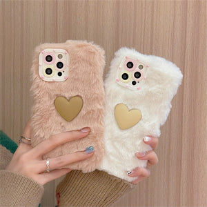 Korean Cute Cartoon Plush Love Heart Phone Case For iPhone 13 12 11 Pro XS Max X XR 7 8 Plus Winter Soft Shockproof Back Cover