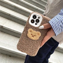 Load image into Gallery viewer, INS Korean Cute Cartoon Fuzzy Plush Teddy Bear Phone Case For iPhone 13 12 11 Pro XS Max X XR Winter Soft Shockproof Back Cover