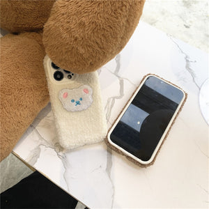 INS Korean Cute Cartoon Fuzzy Plush Teddy Bear Phone Case For iPhone 13 12 11 Pro XS Max X XR Winter Soft Shockproof Back Cover