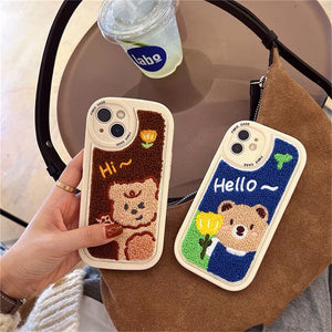 Korean Cute Cartoon Plush Bear Round Camera Lens Phone Case For iPhone 13 12 11 Pro XS Max X XR 7 8 Plus Soft Silicon Back Cover