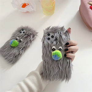 Korean Cute Fuzzy Plush Cartoon Monster Phone Case For iPhone 11 12 13 Pro XS Max X XR Winter Kawaii Soft Shockproof Back Cover