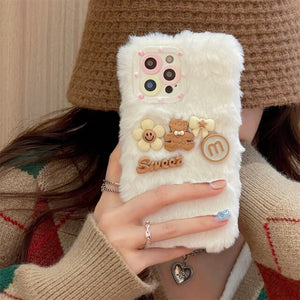 INS Korean Cute 3D Cartoon Plush Pink Phone Case For iPhone 13 12 11 Pro XS Max X XR 7 8 Plus Winter Soft Shockproof Back Cover