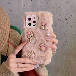 INS Korean Cute 3D Cartoon Plush Pink Phone Case For iPhone 13 12 11 Pro XS Max X XR 7 8 Plus Winter Soft Shockproof Back Cover